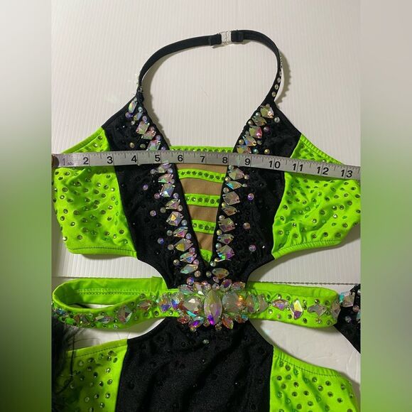 Glamour solo dance costume neon green Feather rhinestone embellished leotard XLC - Picture 7 of 9